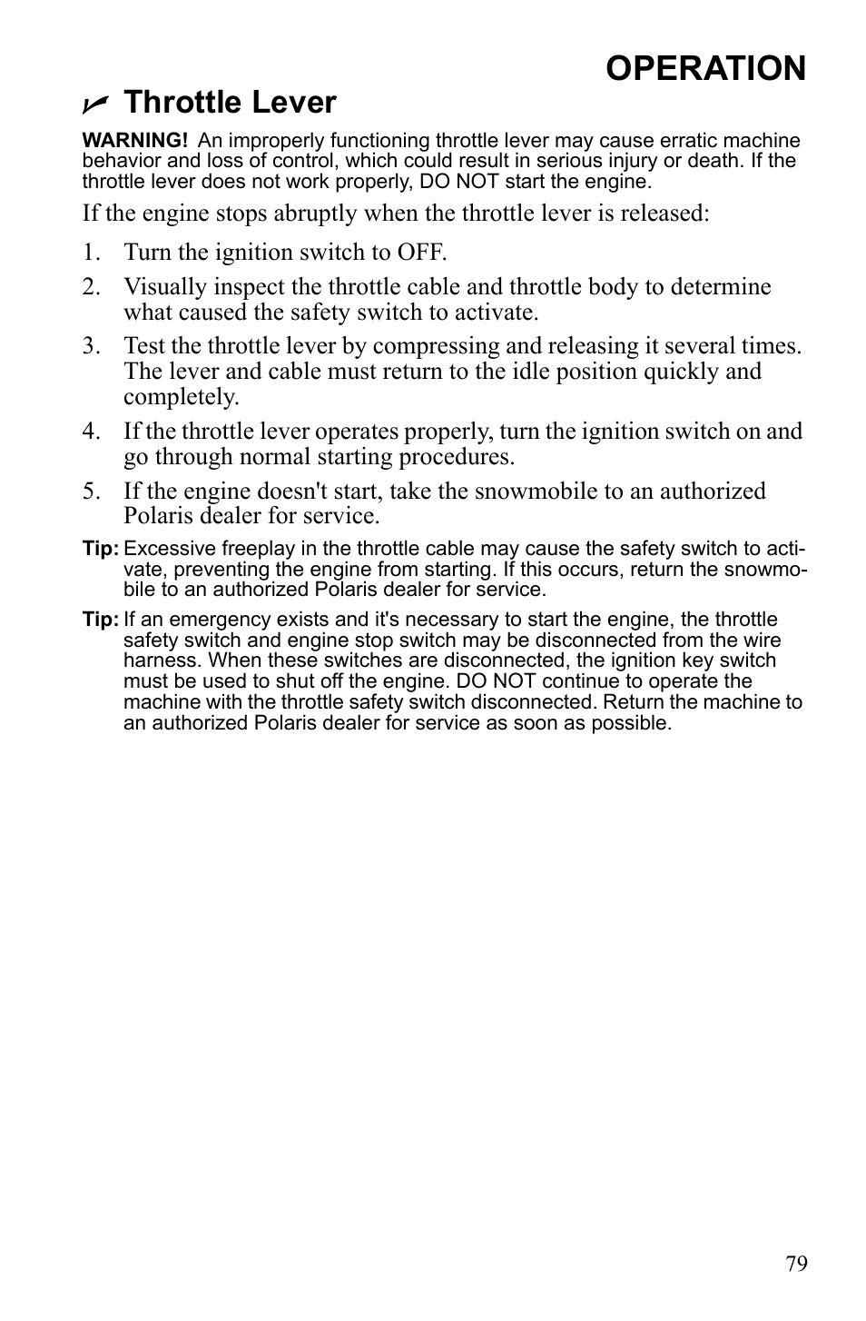 Operation, Throttle lever | Polaris 600 IQ Touring User Manual | Page 82 / 141