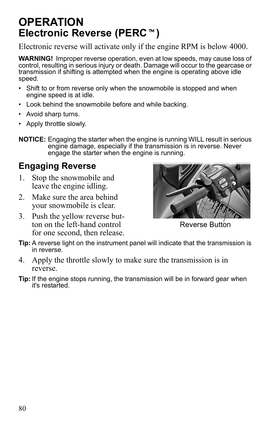 Operation, Electronic reverse (perc t ), Engaging reverse | Polaris 600 IQ Touring User Manual | Page 83 / 141