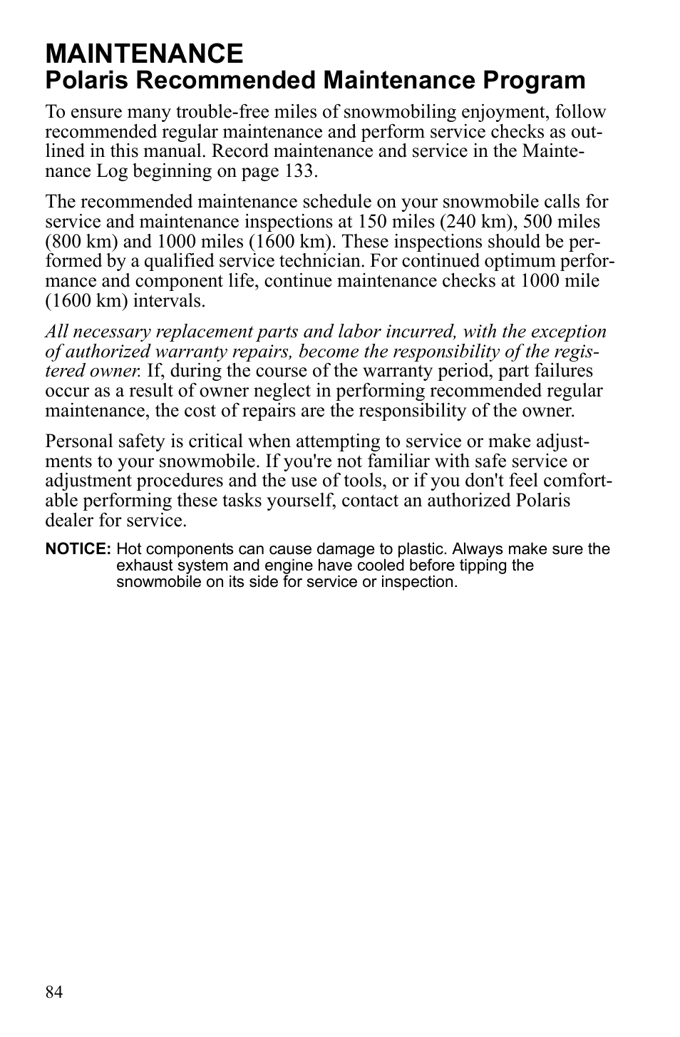 Maintenance, Polaris recommended maintenance program | Polaris 600 IQ Touring User Manual | Page 87 / 141