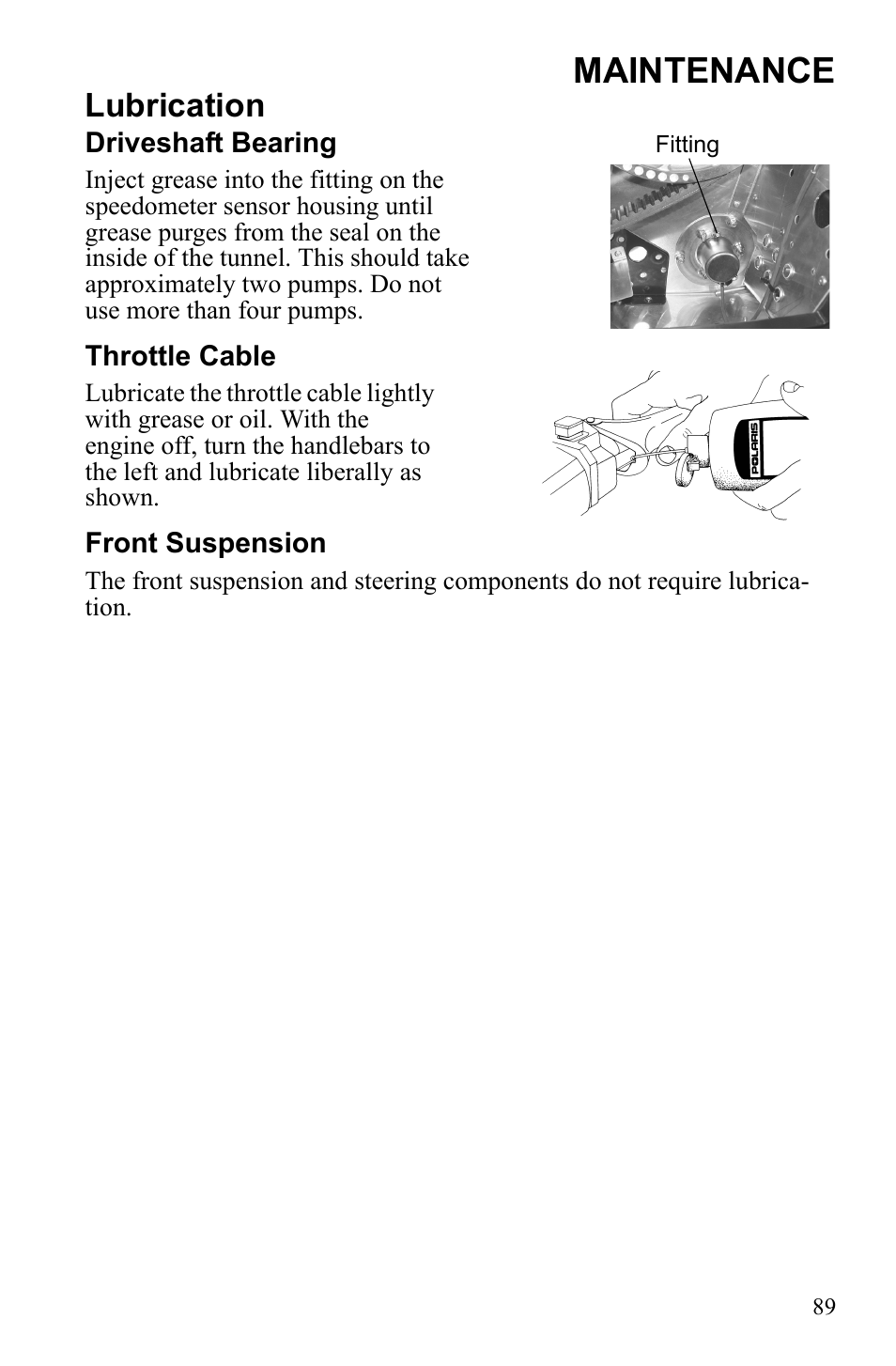 Maintenance, Lubrication | Polaris 600 IQ Touring User Manual | Page 92 / 141