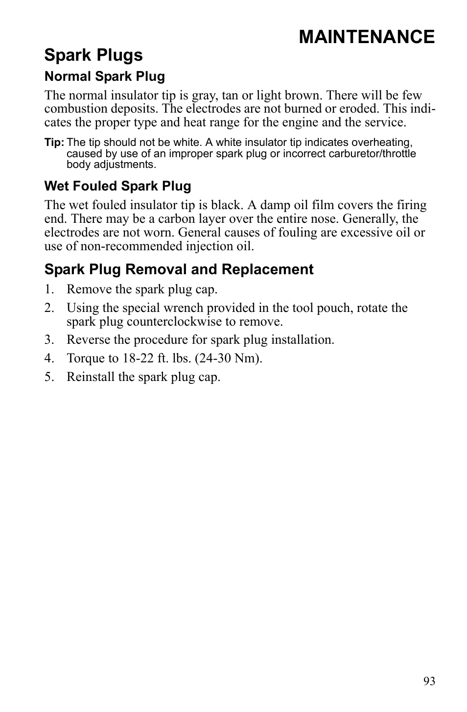 Maintenance, Spark plugs | Polaris 600 IQ Touring User Manual | Page 96 / 141