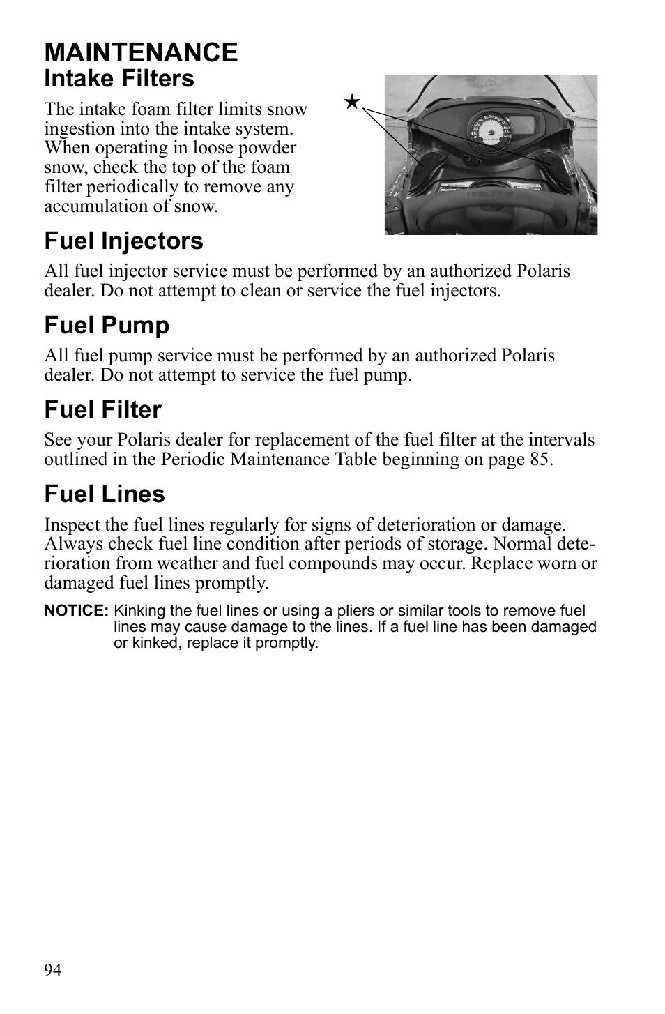 Maintenance, Intake filters, Fuel injectors | Fuel pump, Fuel filter, Fuel lines | Polaris 600 IQ Touring User Manual | Page 97 / 141