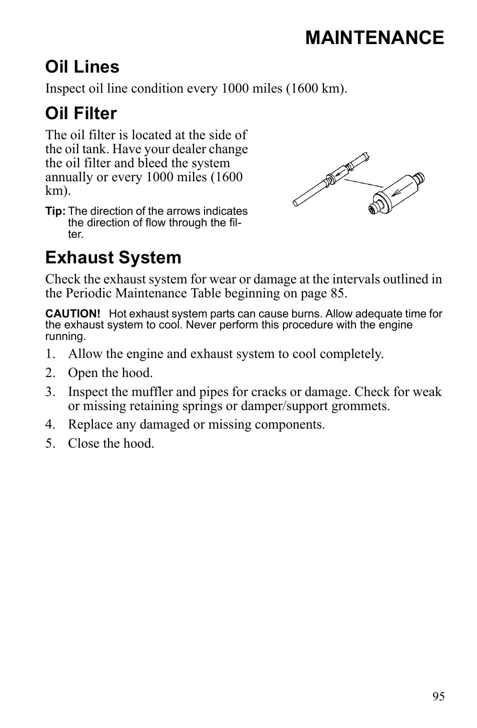 Maintenance, Oil lines, Oil filter | Exhaust system | Polaris 600 IQ Touring User Manual | Page 98 / 141