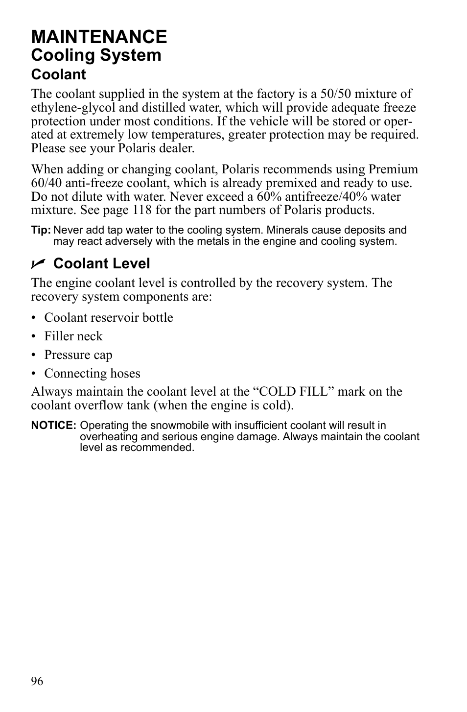 Maintenance, Cooling system | Polaris 600 IQ Touring User Manual | Page 99 / 141