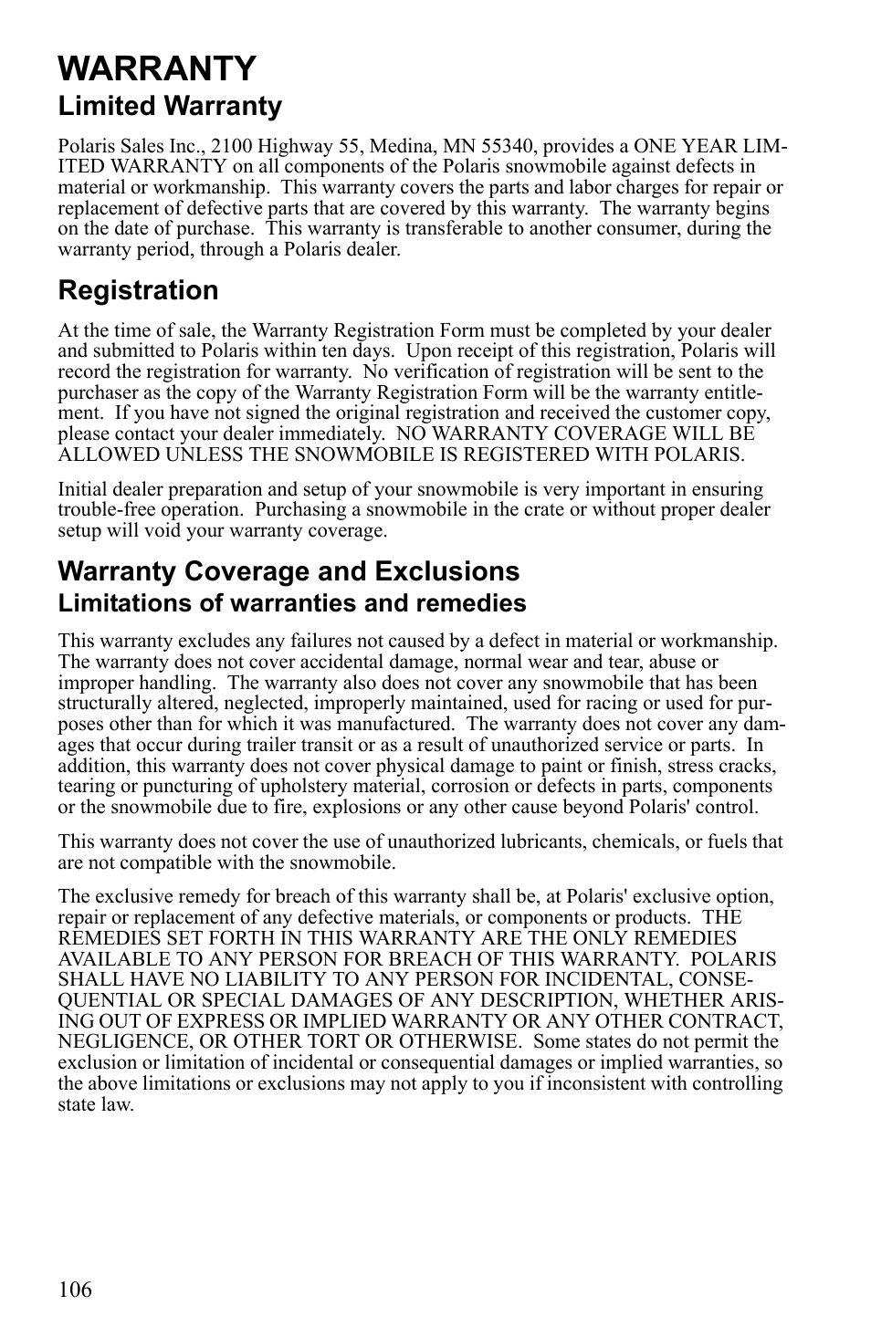 Warranty, Limited warranty, Registration | Warranty coverage and exclusions, Limitations of warranties and remedies | Polaris 500 IQ Shift User Manual | Page 109 / 121