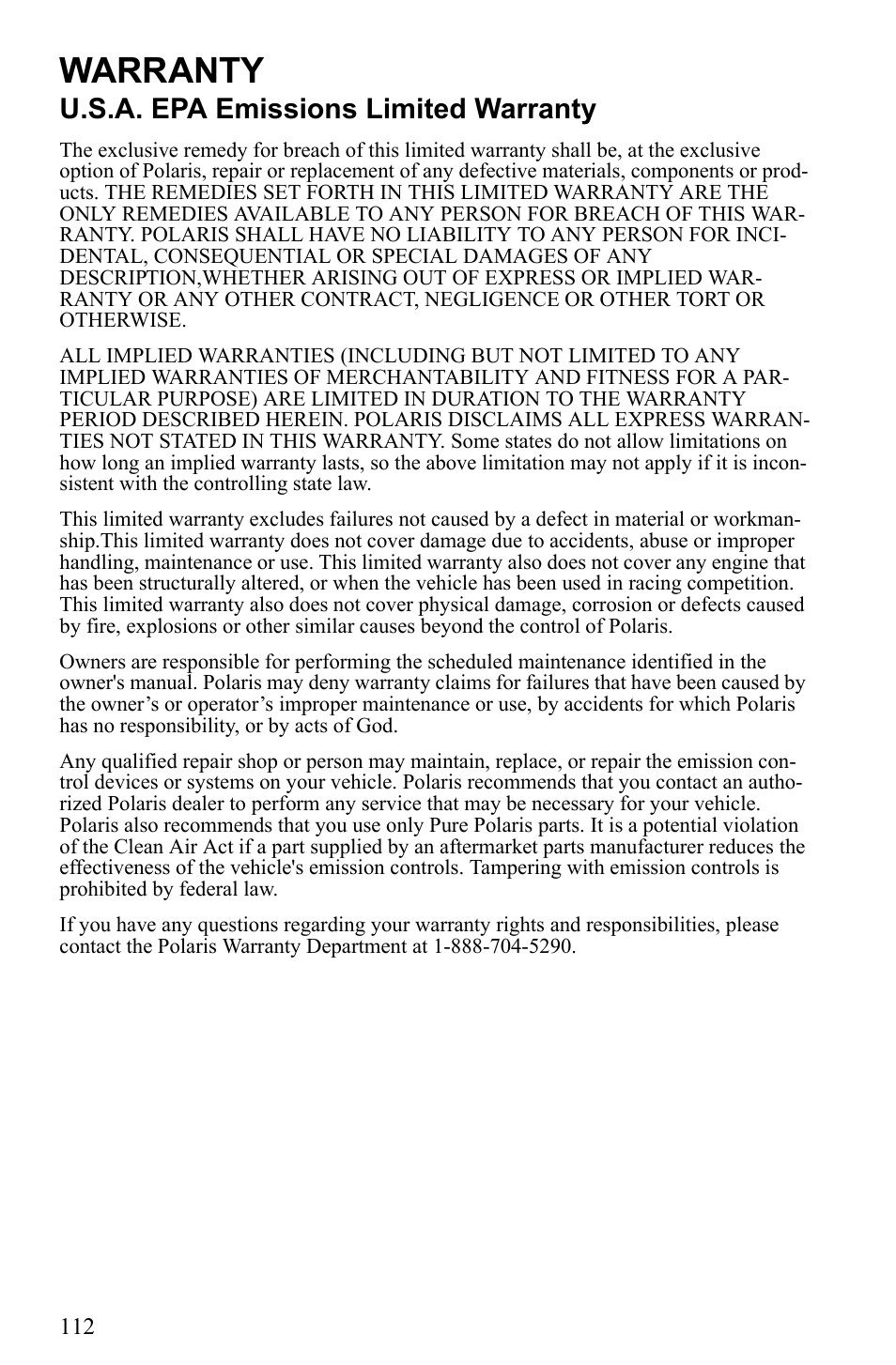 Warranty, U.s.a. epa emissions limited warranty | Polaris 500 IQ Shift User Manual | Page 115 / 121