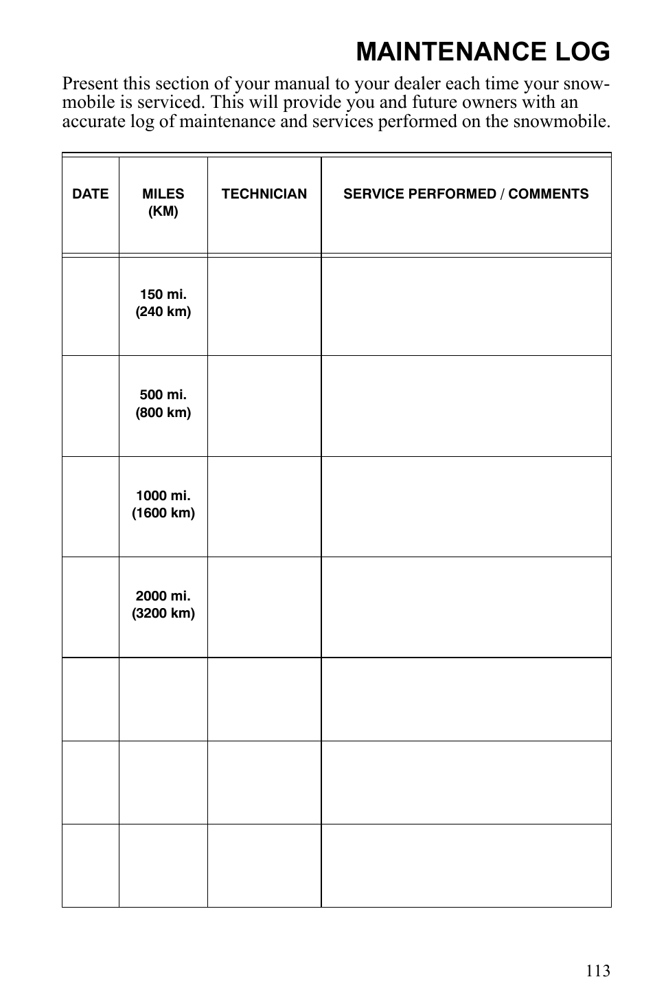 Maintenance log | Polaris 500 IQ Shift User Manual | Page 116 / 121
