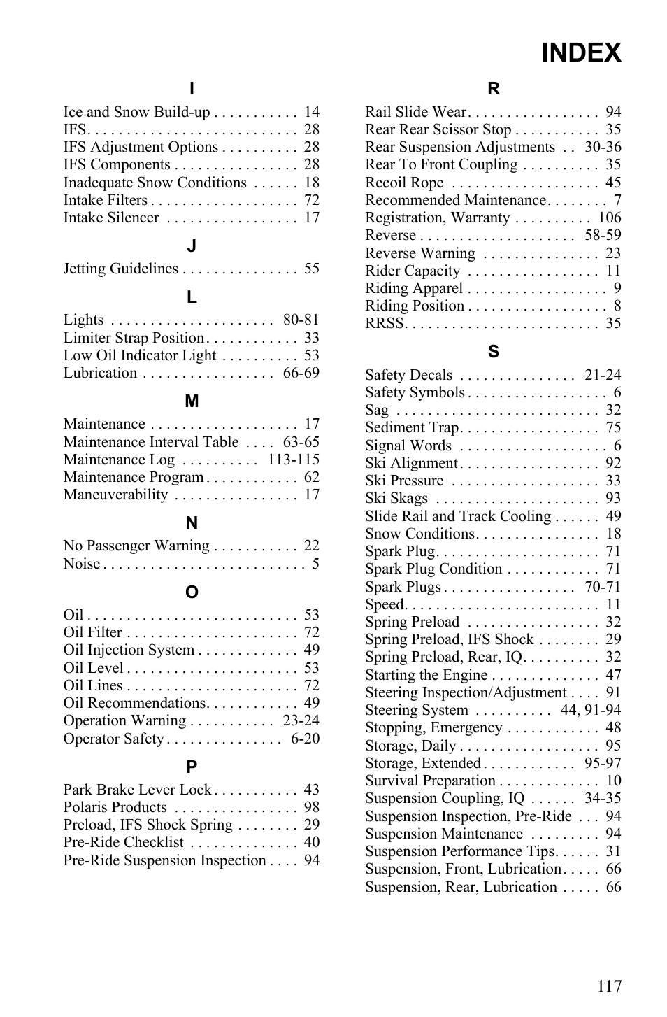 Index | Polaris 500 IQ Shift User Manual | Page 120 / 121