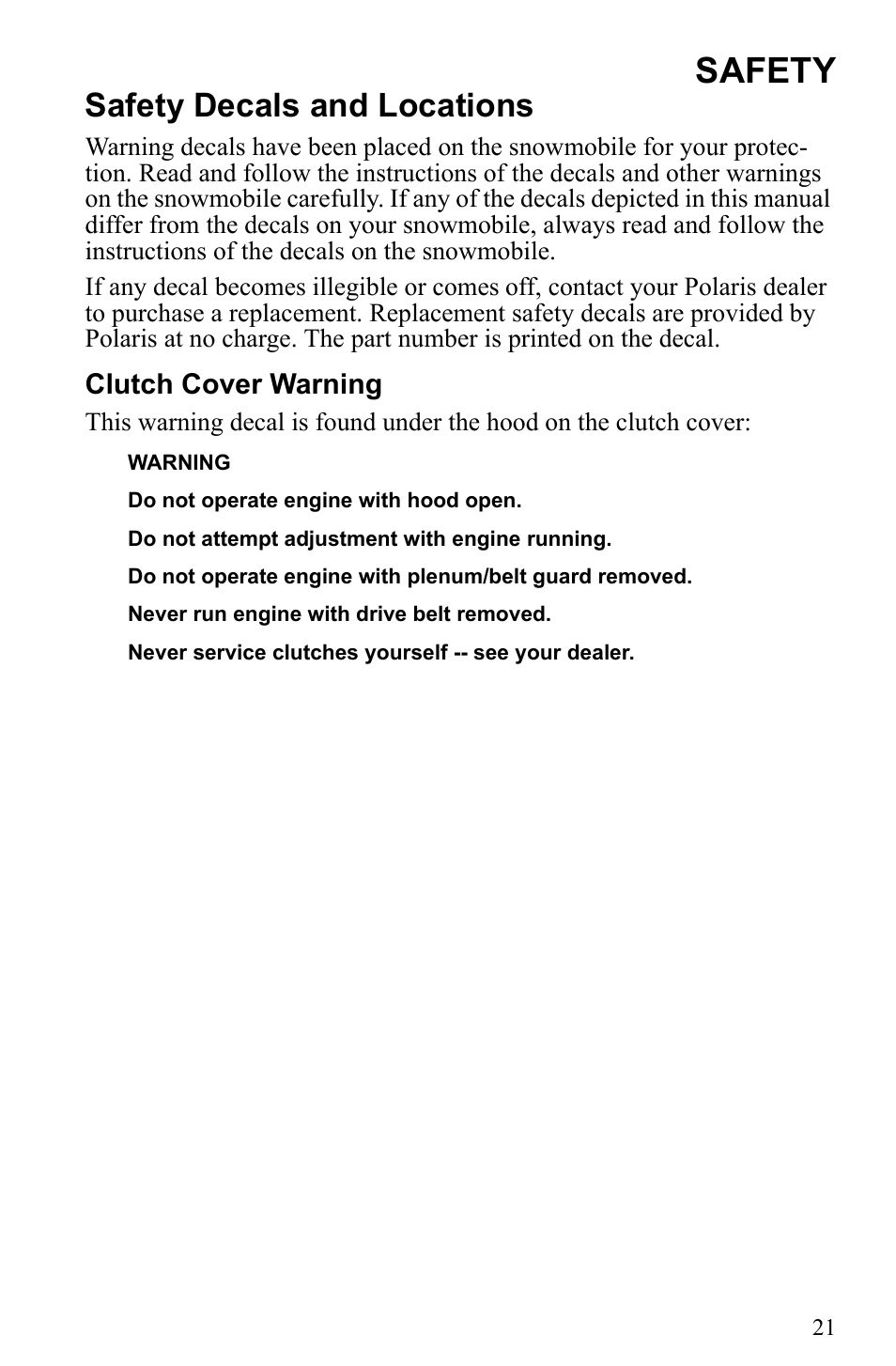 Safety, Safety decals and locations, Clutch cover warning | Polaris 500 IQ Shift User Manual | Page 24 / 121