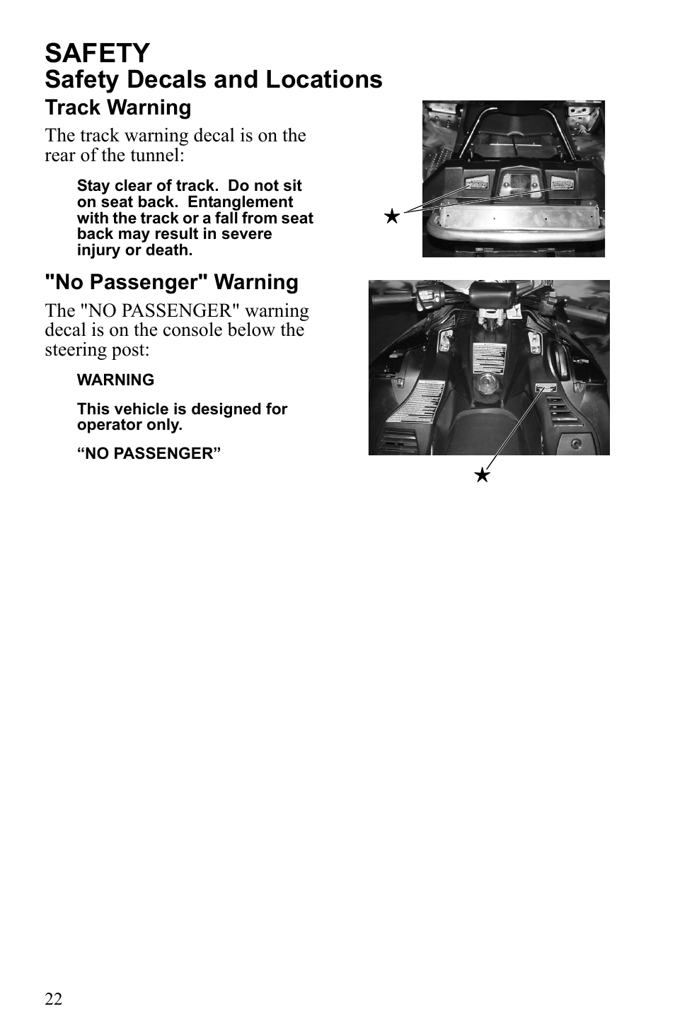 Safety, Safety decals and locations, Track warning | No passenger" warning | Polaris 500 IQ Shift User Manual | Page 25 / 121