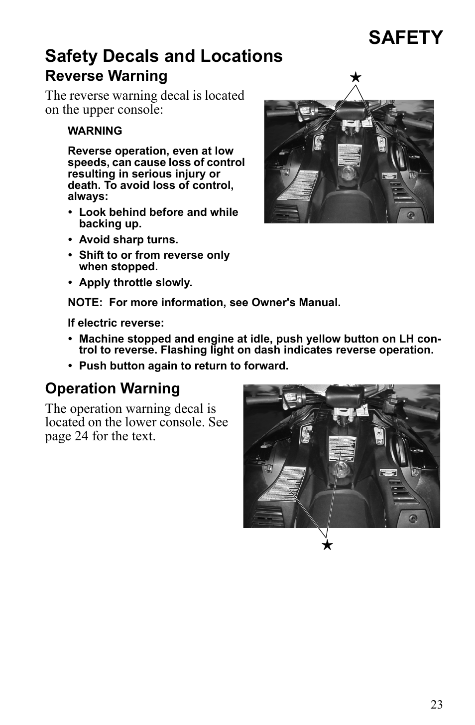 Safety, Safety decals and locations, Reverse warning | Operation warning | Polaris 500 IQ Shift User Manual | Page 26 / 121