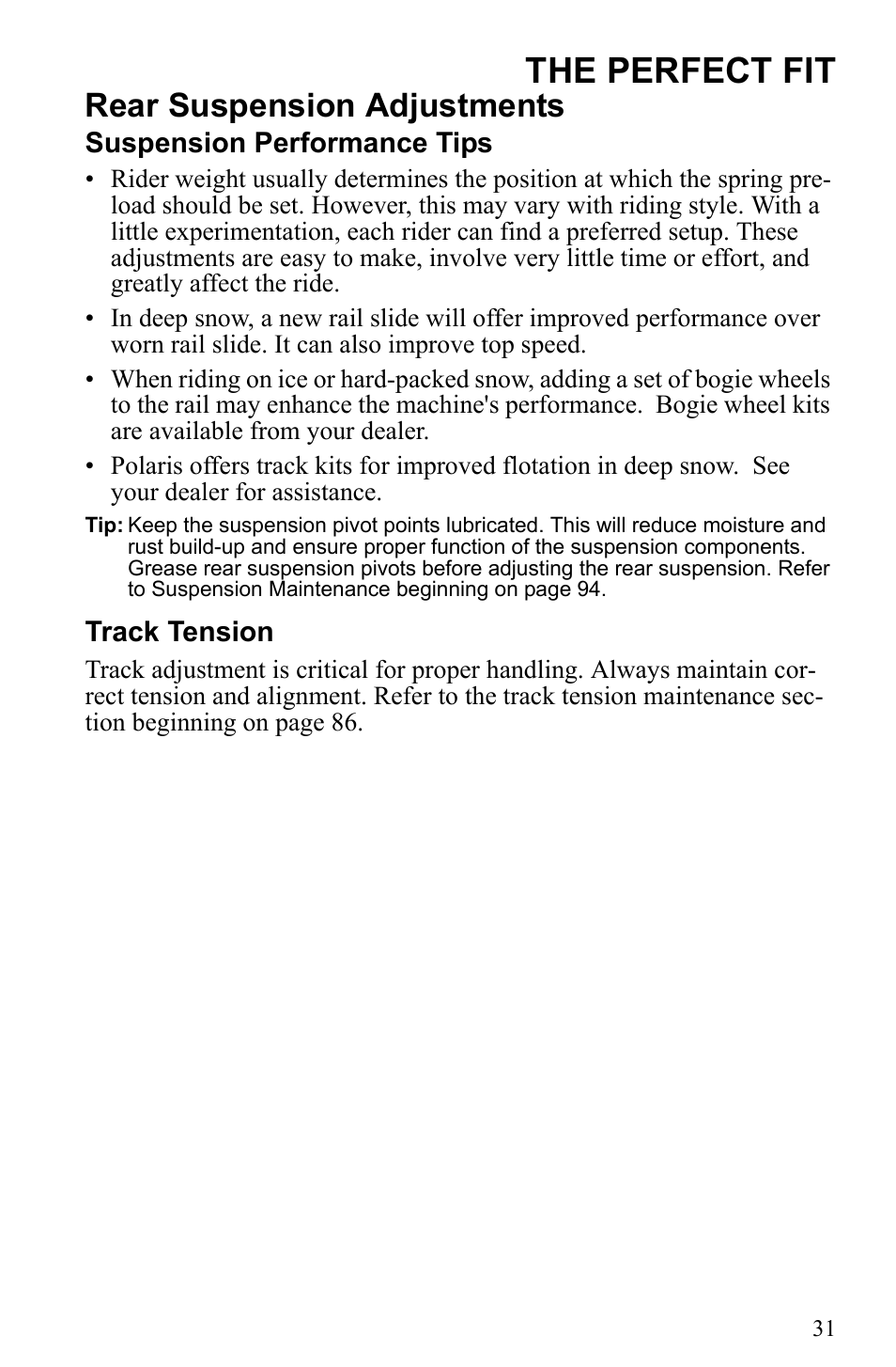 The perfect fit, Rear suspension adjustments | Polaris 500 IQ Shift User Manual | Page 34 / 121