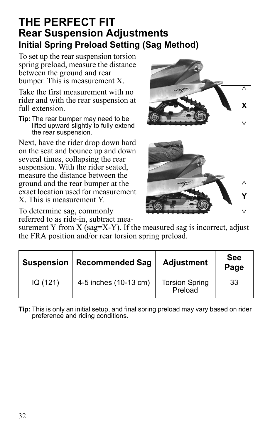 The perfect fit, Rear suspension adjustments, Initial spring preload setting (sag method) | Polaris 500 IQ Shift User Manual | Page 35 / 121