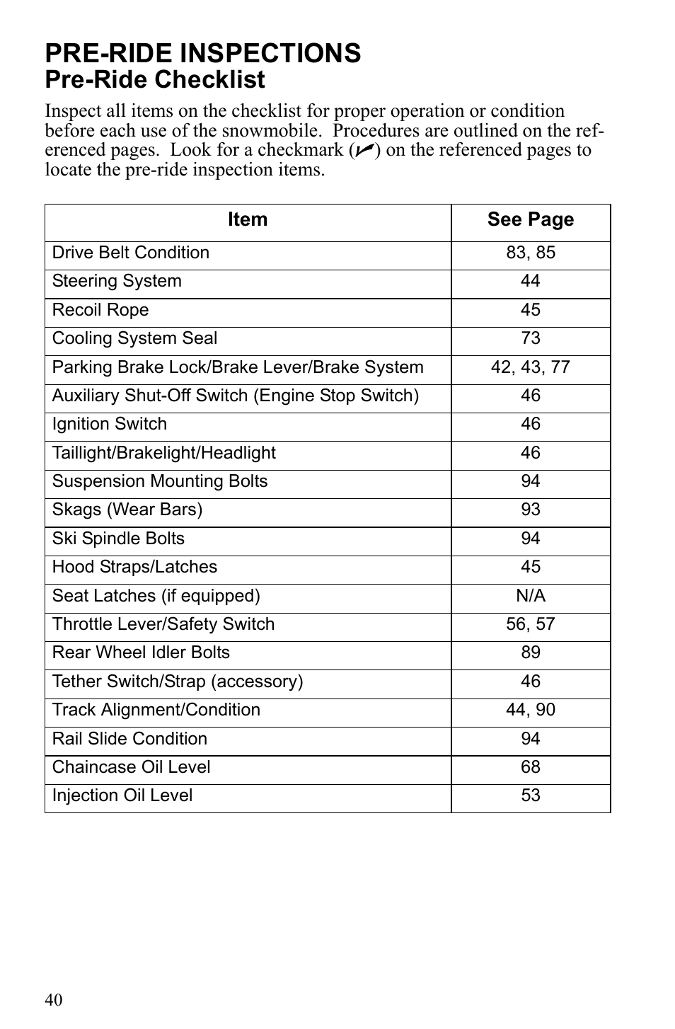 Pre-ride inspections, Pre-ride checklist | Polaris 500 IQ Shift User Manual | Page 43 / 121