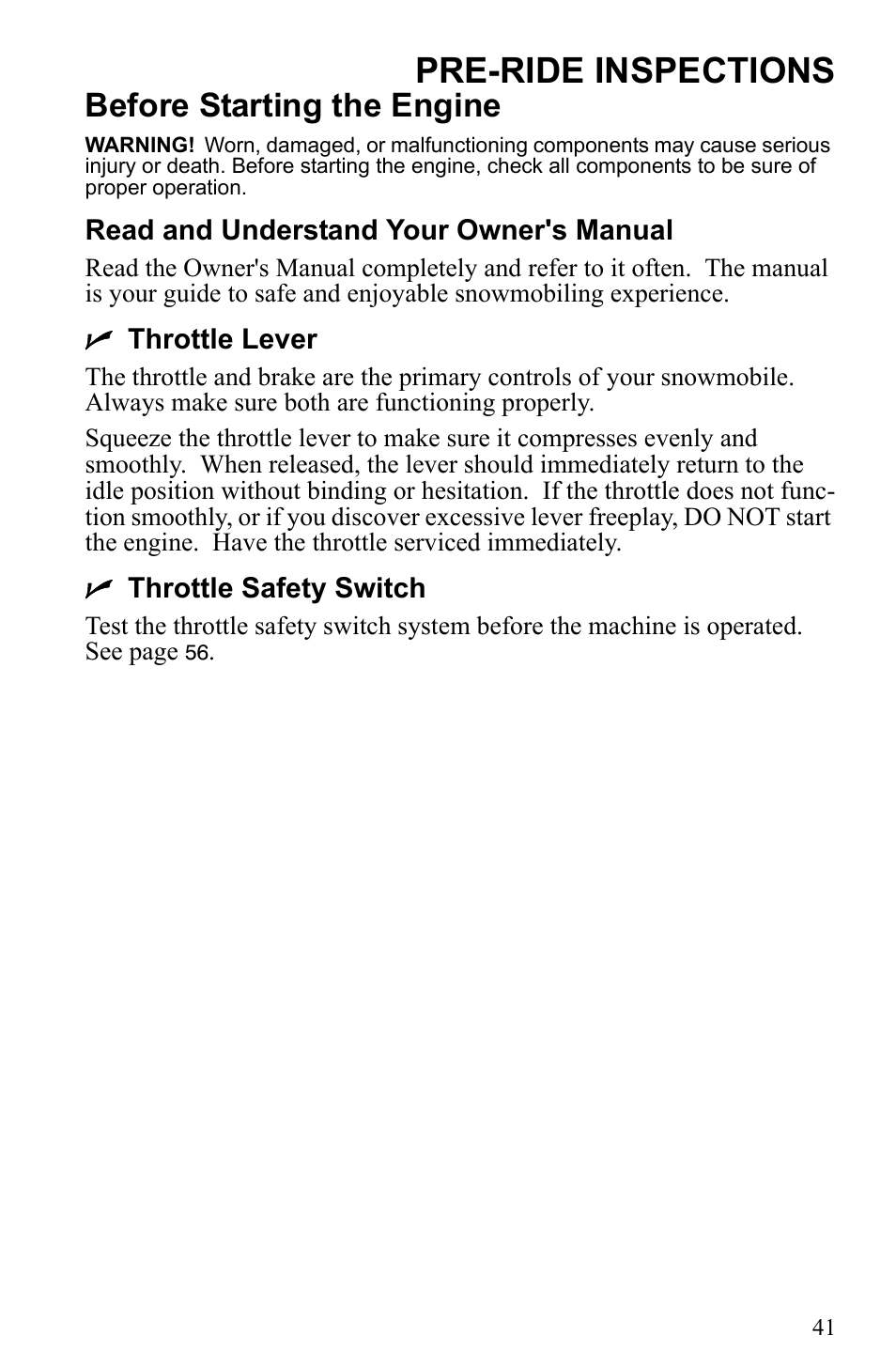 Pre-ride inspections, Before starting the engine | Polaris 500 IQ Shift User Manual | Page 44 / 121