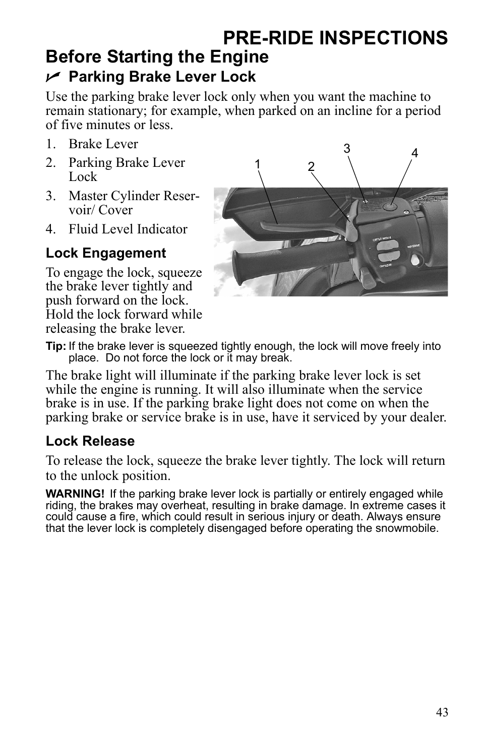 Pre-ride inspections, Before starting the engine, Nparking brake lever lock | Polaris 500 IQ Shift User Manual | Page 46 / 121