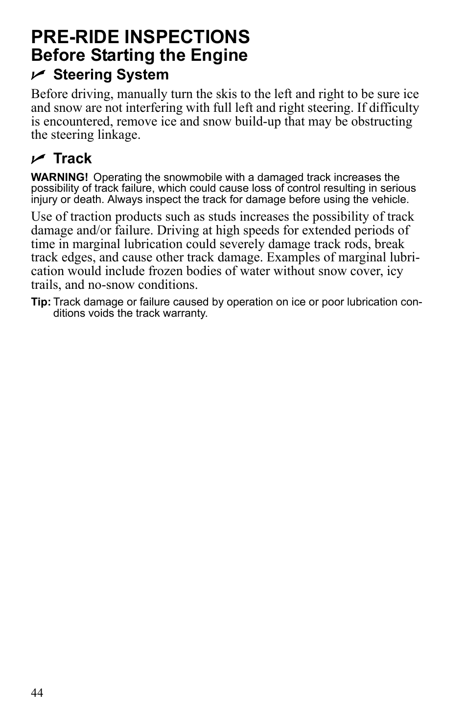 Pre-ride inspections, Before starting the engine | Polaris 500 IQ Shift User Manual | Page 47 / 121