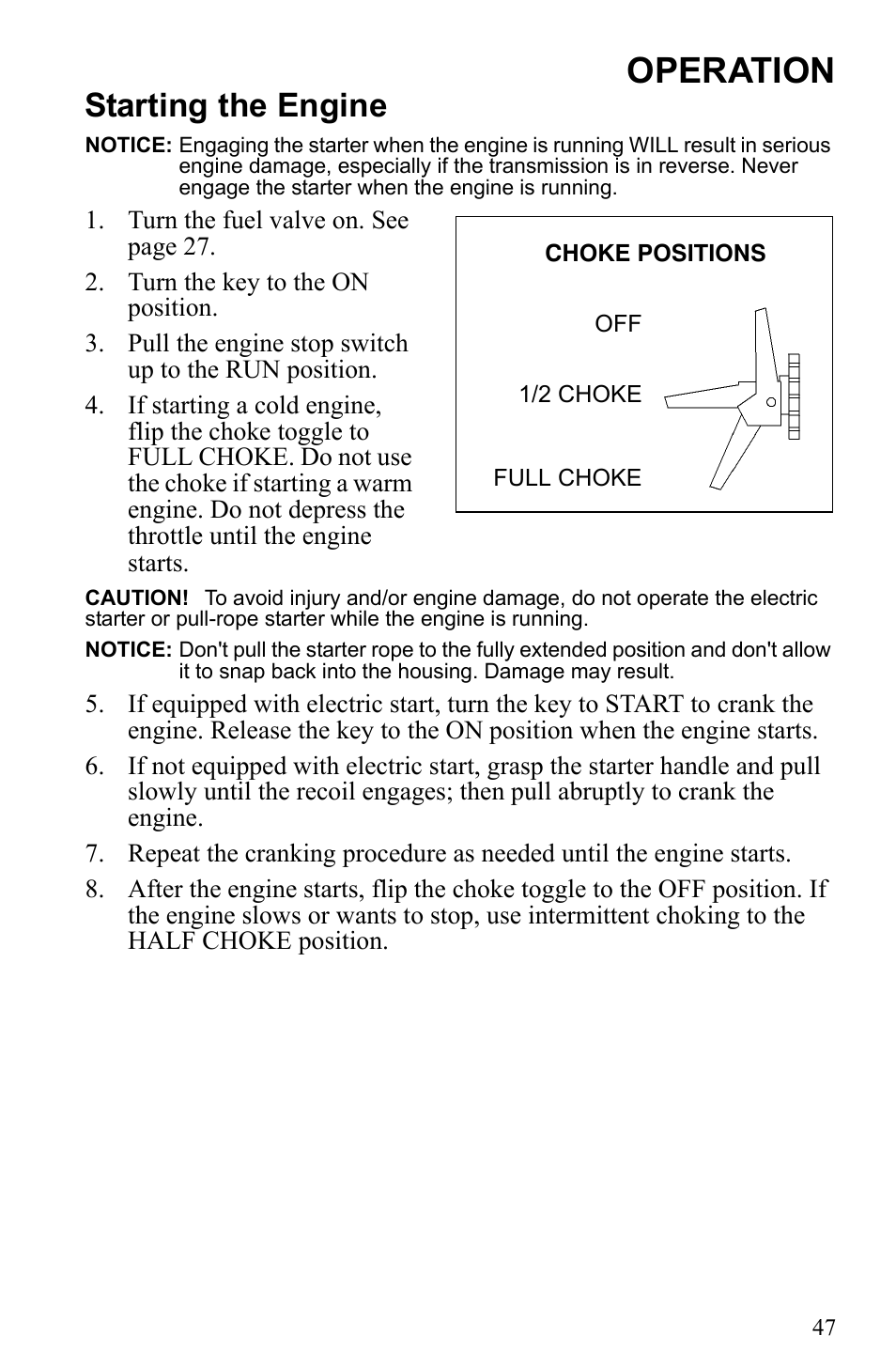 Operation, Starting the engine | Polaris 500 IQ Shift User Manual | Page 50 / 121