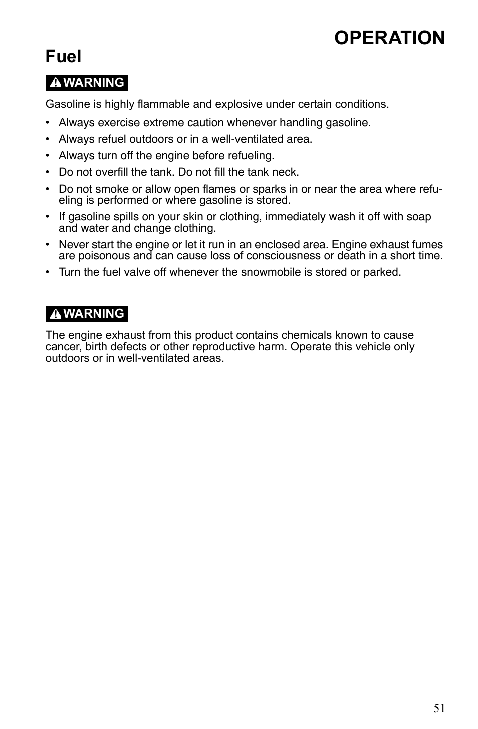 Operation, Fuel | Polaris 500 IQ Shift User Manual | Page 54 / 121