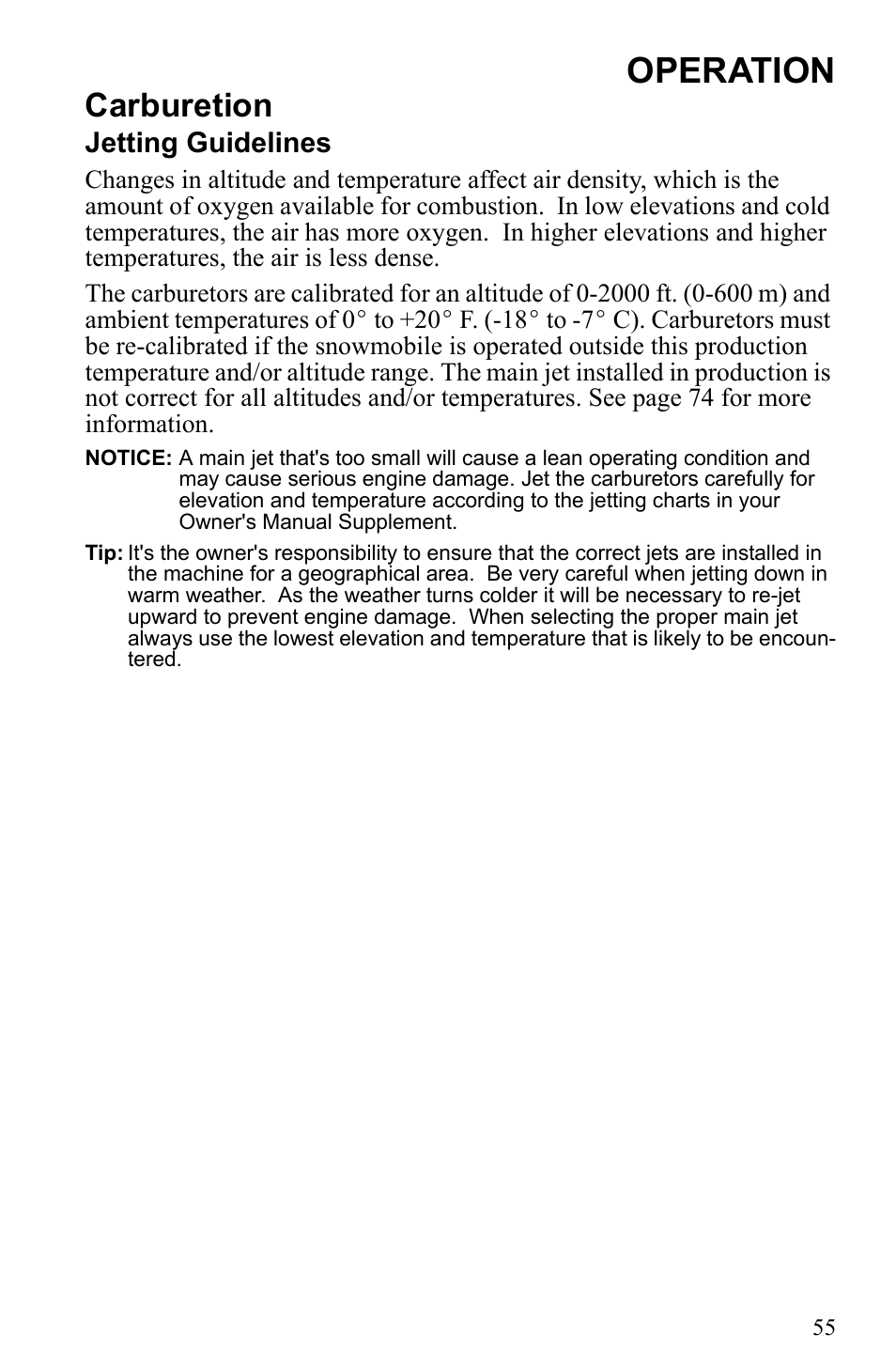 Operation, Carburetion, Jetting guidelines | Polaris 500 IQ Shift User Manual | Page 58 / 121