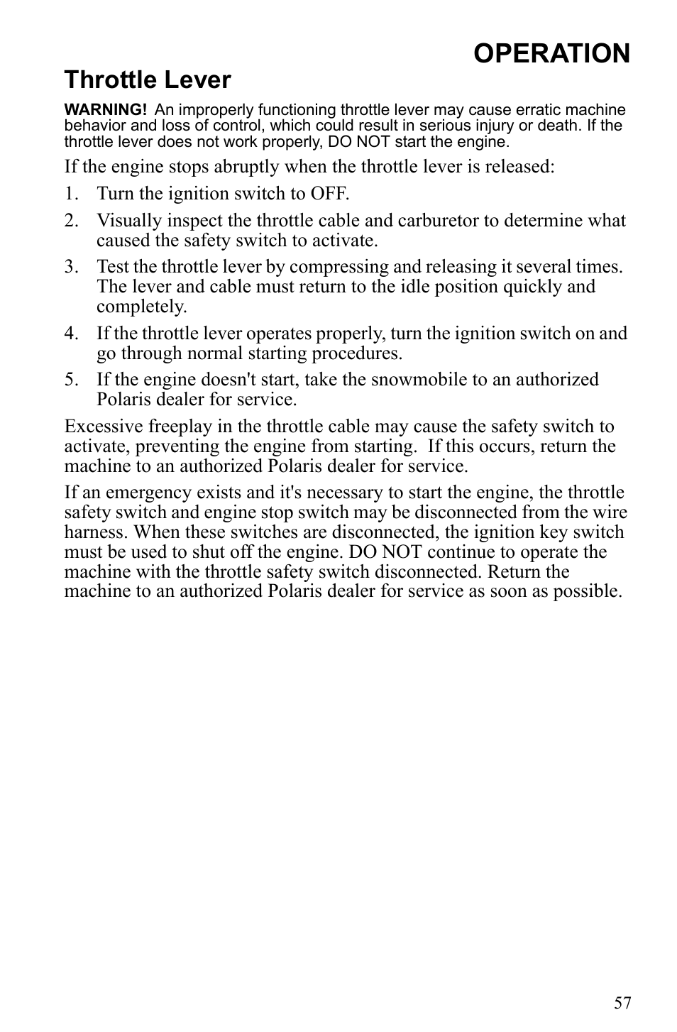 Operation, Throttle lever | Polaris 500 IQ Shift User Manual | Page 60 / 121