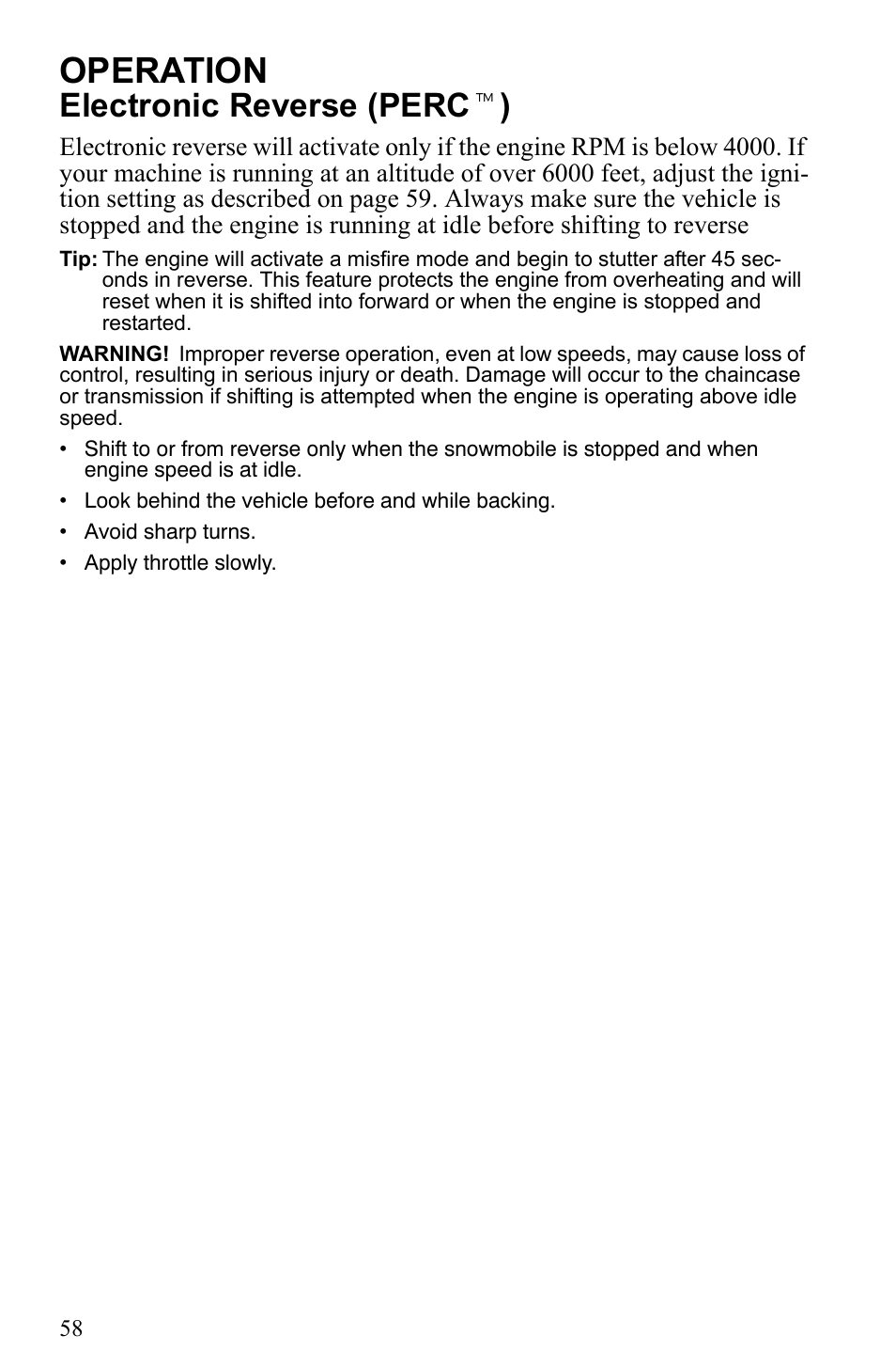 Operation, Electronic reverse (perc t ) | Polaris 500 IQ Shift User Manual | Page 61 / 121