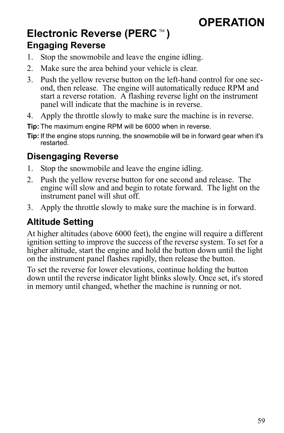 Operation, Electronic reverse (perc t ) | Polaris 500 IQ Shift User Manual | Page 62 / 121