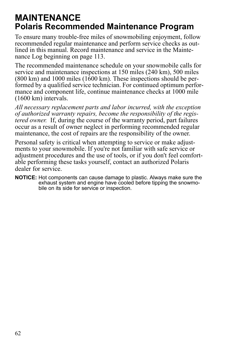 Maintenance, Polaris recommended maintenance program | Polaris 500 IQ Shift User Manual | Page 65 / 121