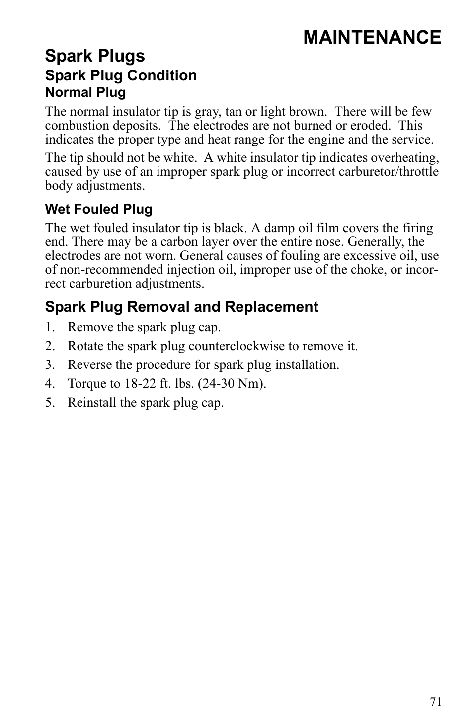 Maintenance, Spark plugs | Polaris 500 IQ Shift User Manual | Page 74 / 121