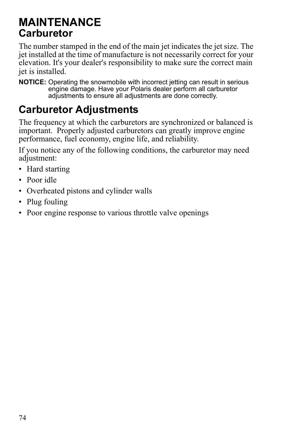 Maintenance, Carburetor, Carburetor adjustments | Polaris 500 IQ Shift User Manual | Page 77 / 121