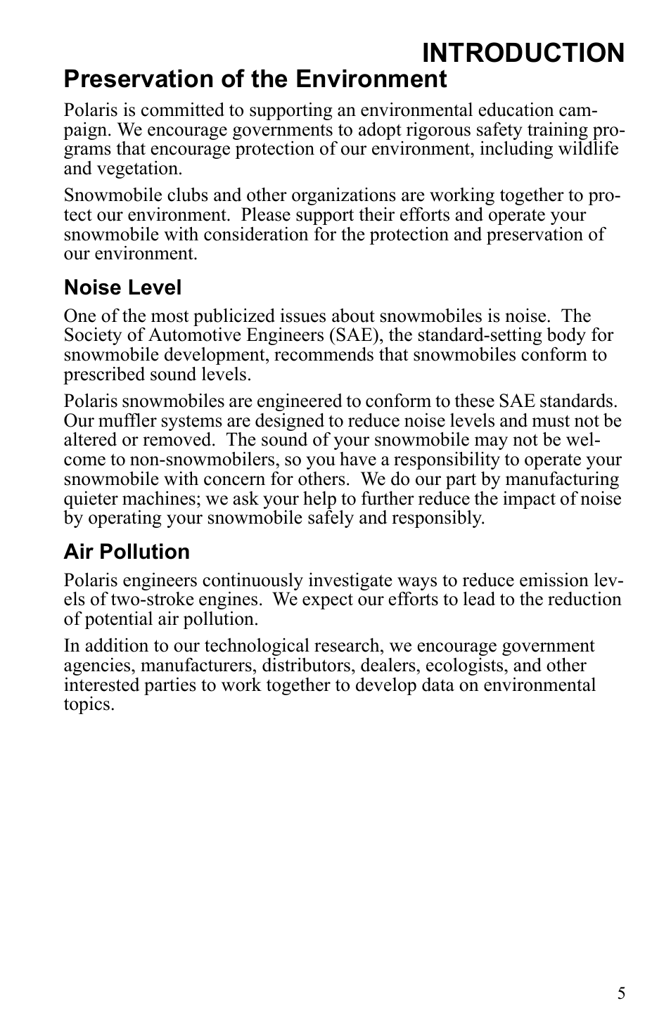 Introduction, Preservation of the environment | Polaris 500 IQ Shift User Manual | Page 8 / 121