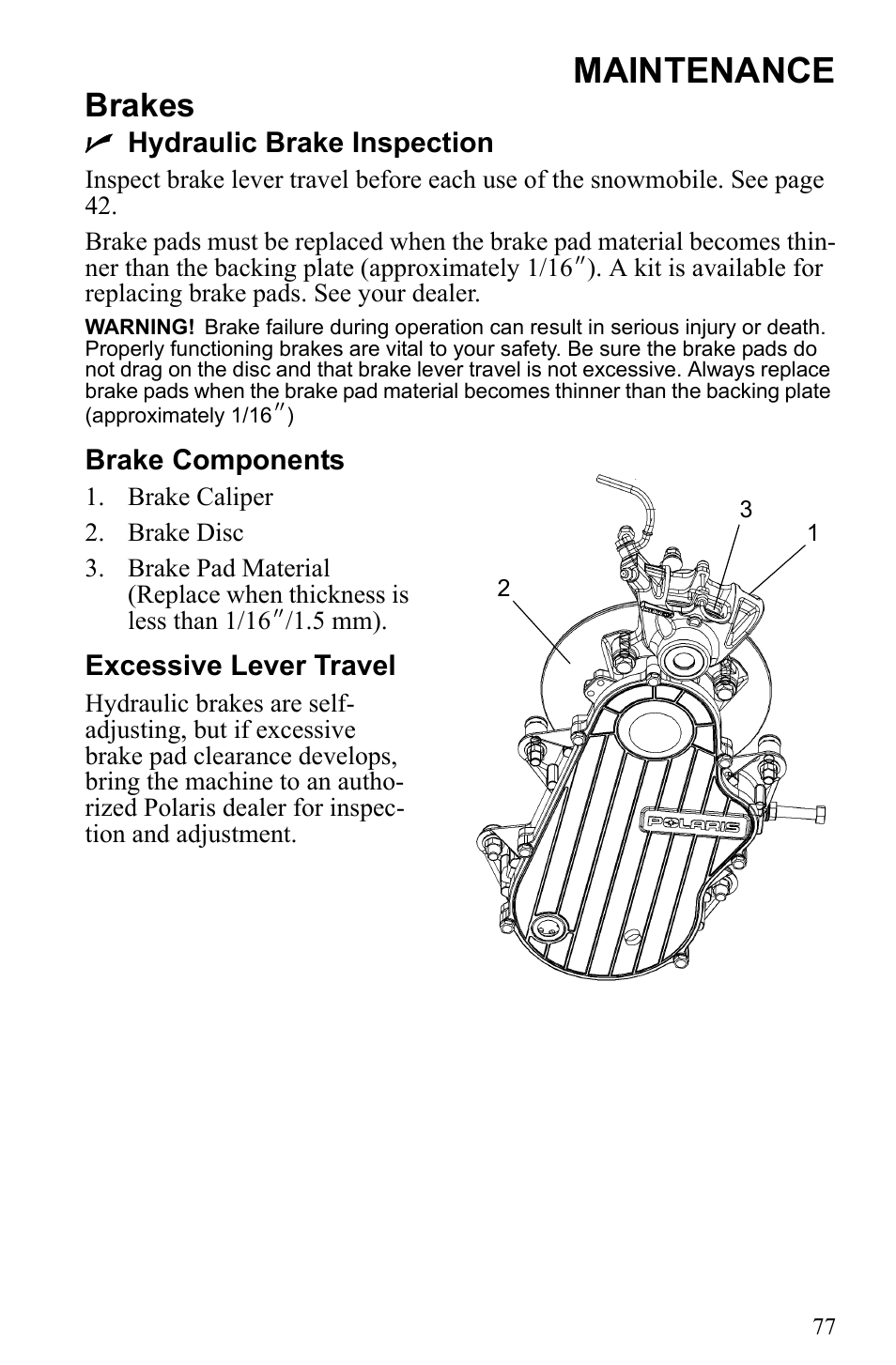 Maintenance, Brakes | Polaris 500 IQ Shift User Manual | Page 80 / 121