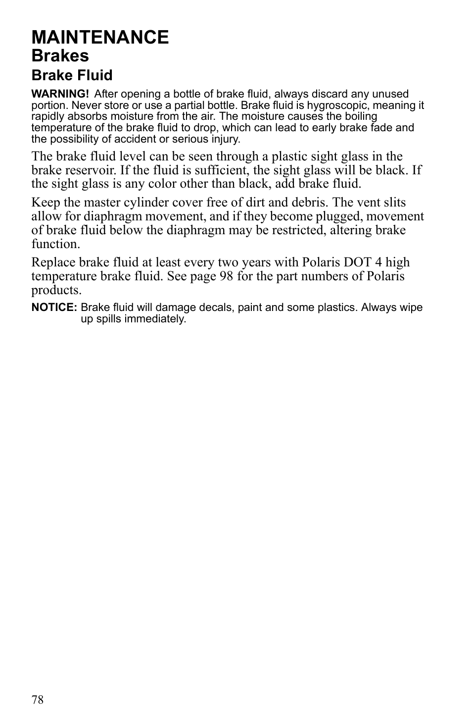 Maintenance, Brakes, Brake fluid | Polaris 500 IQ Shift User Manual | Page 81 / 121
