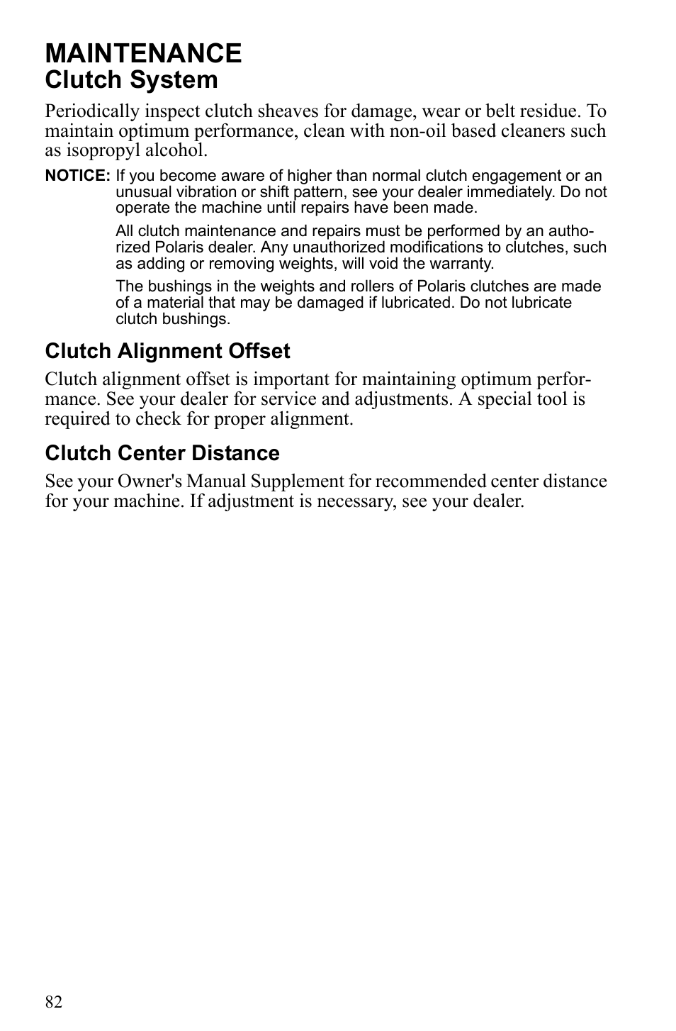 Maintenance, Clutch system, Clutch alignment offset | Clutch center distance | Polaris 500 IQ Shift User Manual | Page 85 / 121