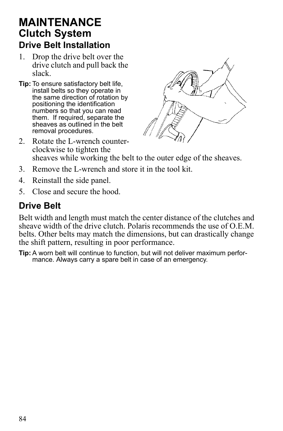 Maintenance, Clutch system, Drive belt installation | Drive belt | Polaris 500 IQ Shift User Manual | Page 87 / 121