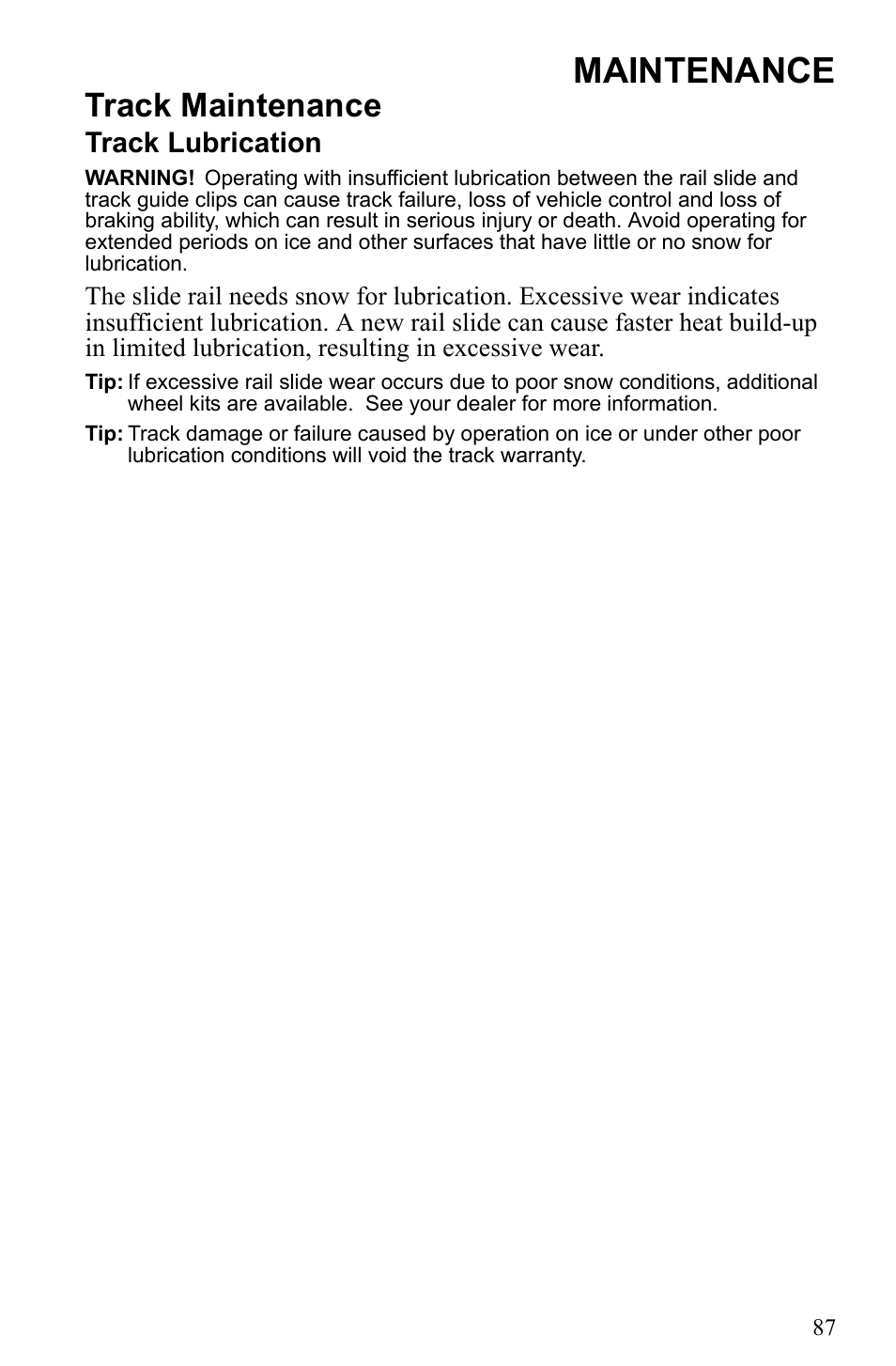Maintenance, Track maintenance, Track lubrication | Polaris 500 IQ Shift User Manual | Page 90 / 121