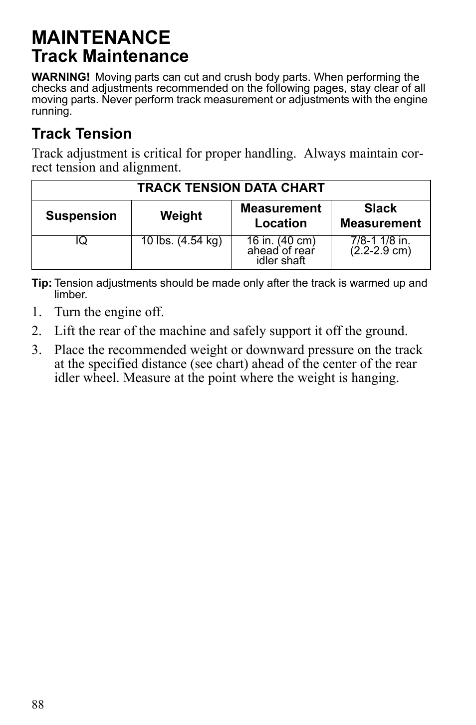 Maintenance, Track maintenance, Track tension | Polaris 500 IQ Shift User Manual | Page 91 / 121