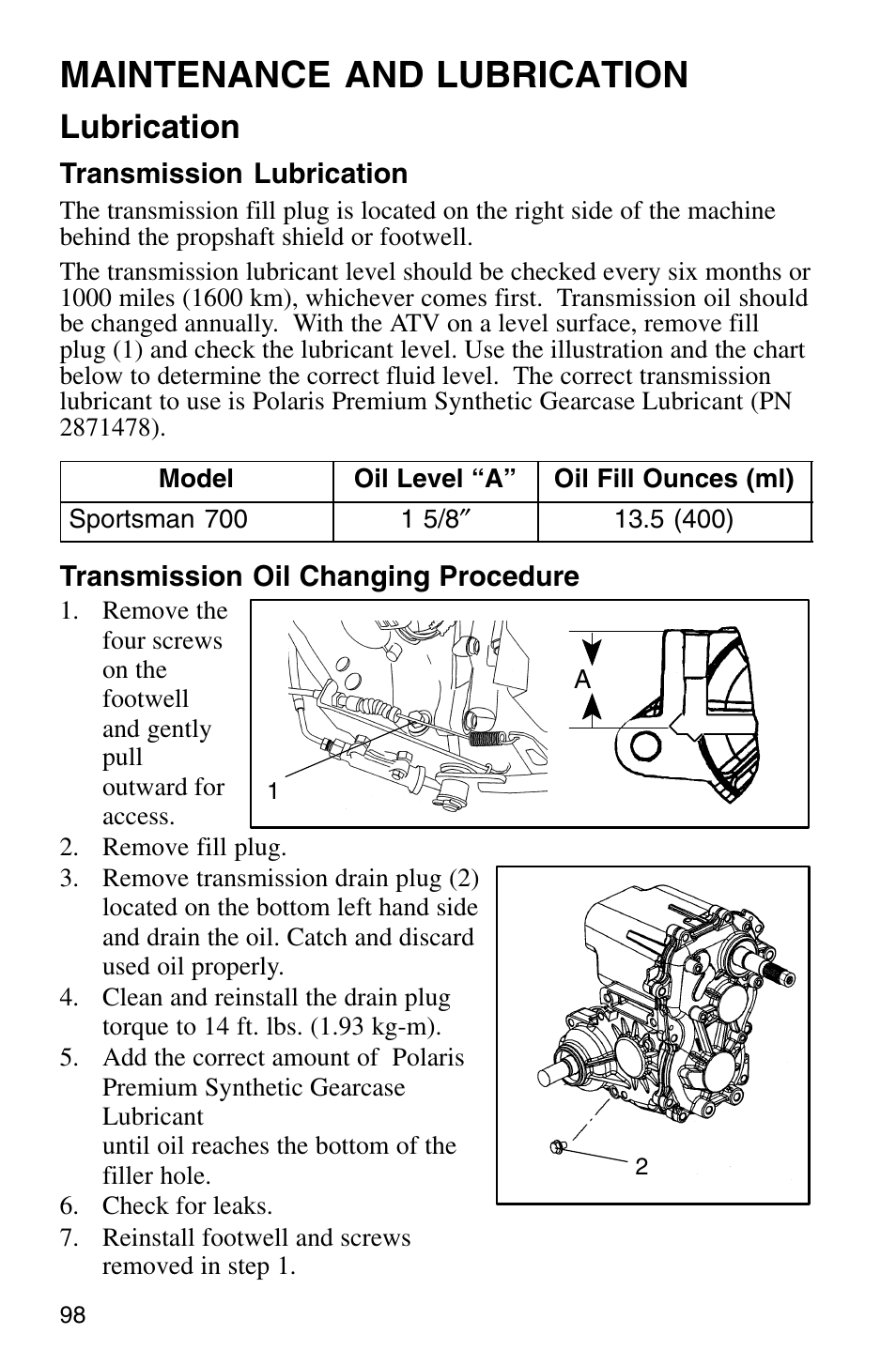 Maintenance and lubrication, Lubrication | Polaris Sprotsman 700 User Manual | Page 100 / 148