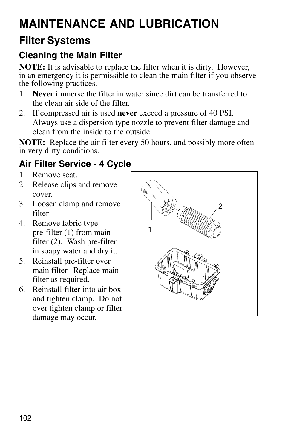 Maintenance and lubrication, Filter systems | Polaris Sprotsman 700 User Manual | Page 104 / 148