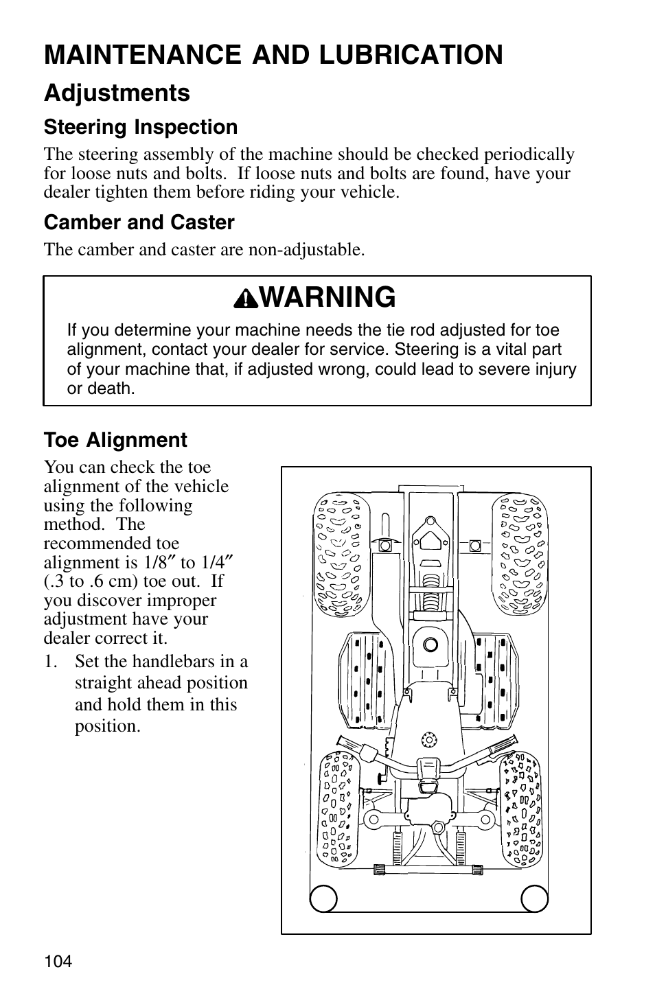 Warning, Maintenance and lubrication, Adjustments | Polaris Sprotsman 700 User Manual | Page 106 / 148