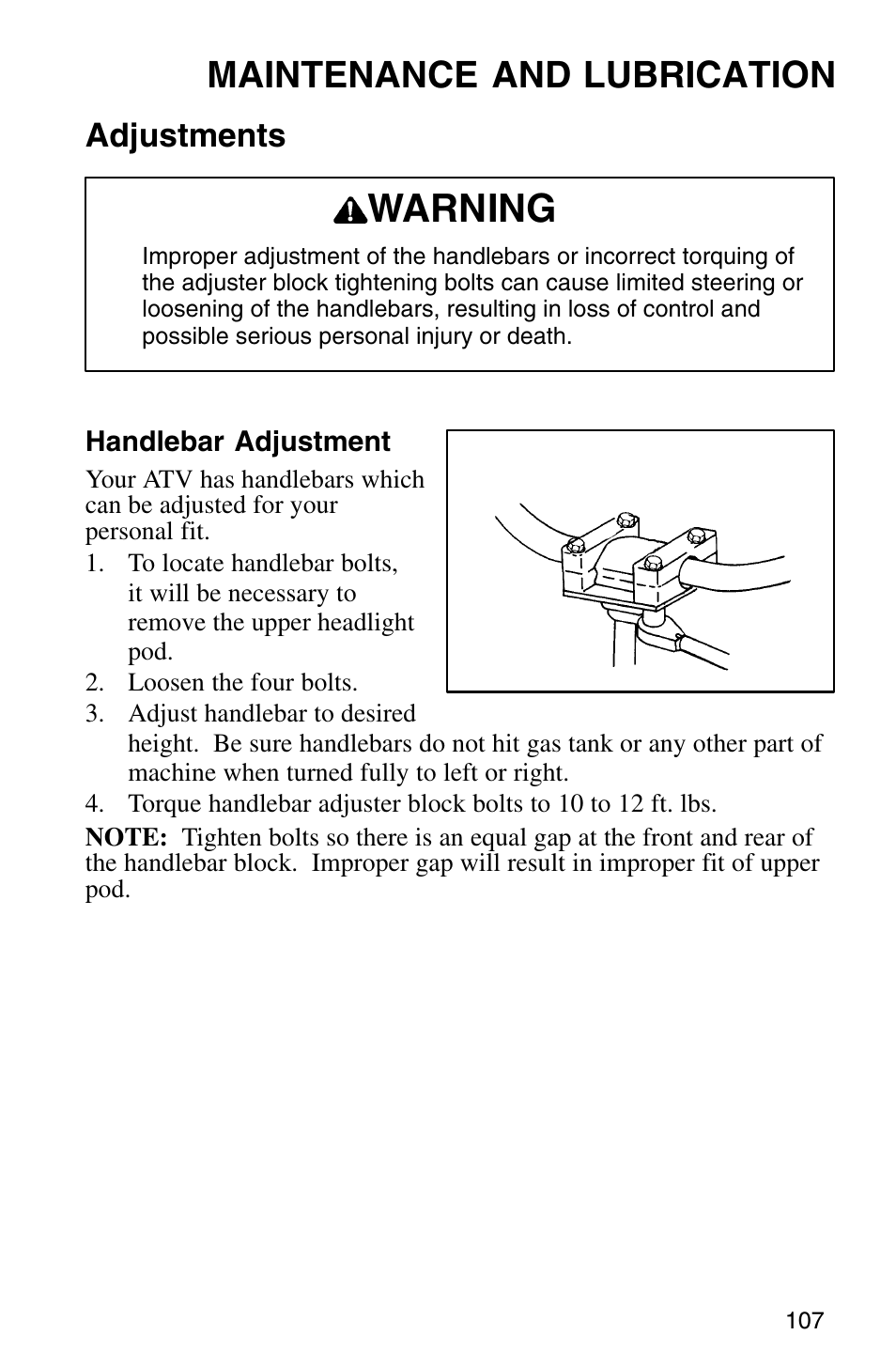 Warning, Maintenance and lubrication, Adjustments | Polaris Sprotsman 700 User Manual | Page 109 / 148