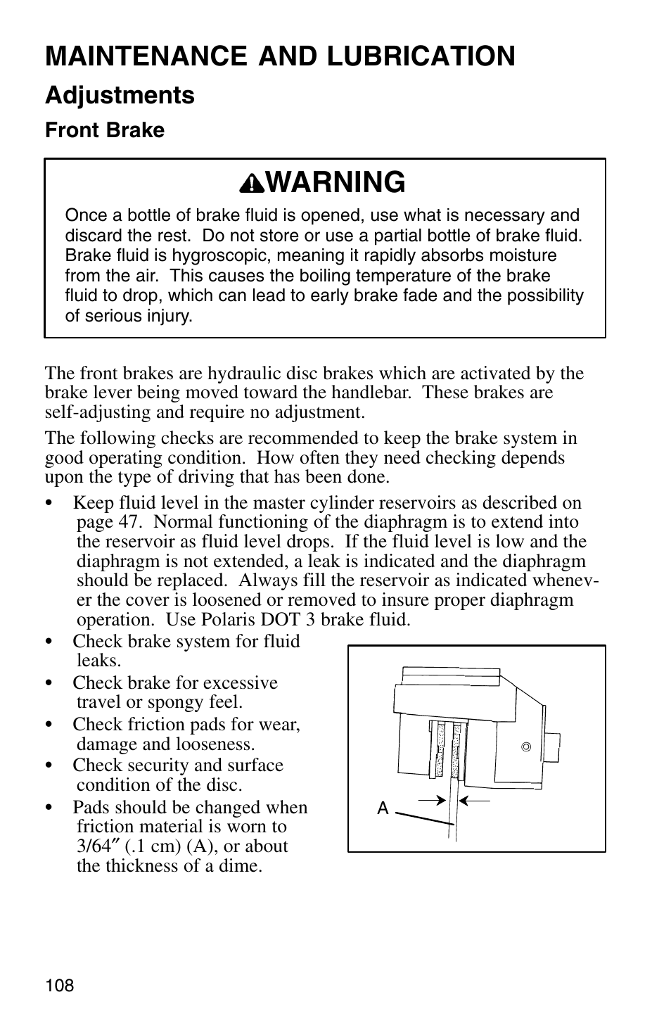 Warning, Maintenance and lubrication, Adjustments | Polaris Sprotsman 700 User Manual | Page 110 / 148