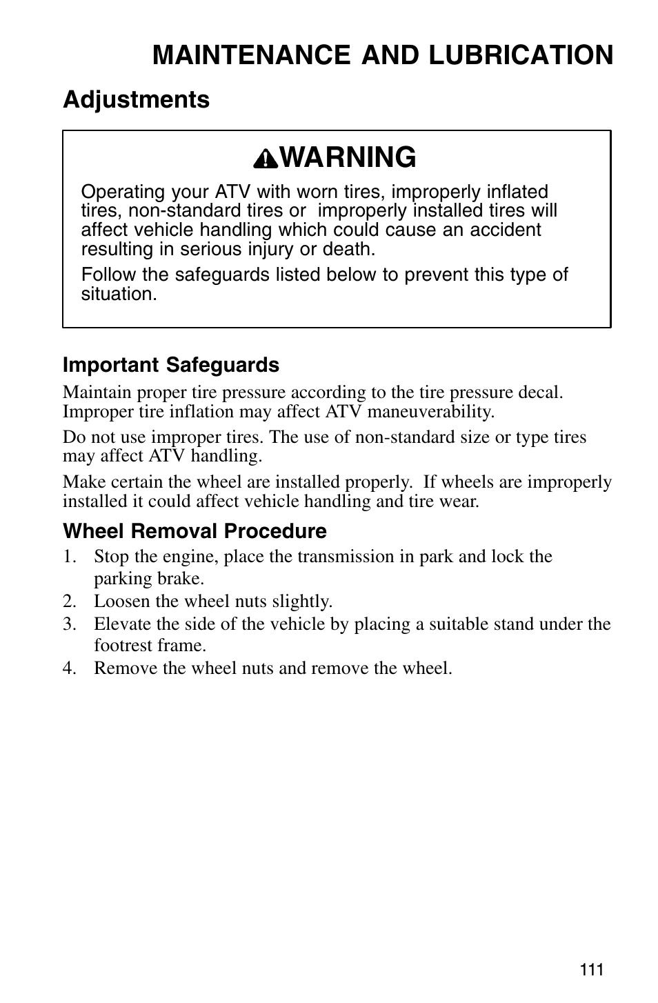 Warning, Maintenance and lubrication, Adjustments | Polaris Sprotsman 700 User Manual | Page 113 / 148