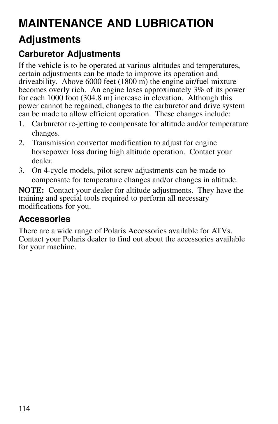 Maintenance and lubrication, Adjustments | Polaris Sprotsman 700 User Manual | Page 116 / 148