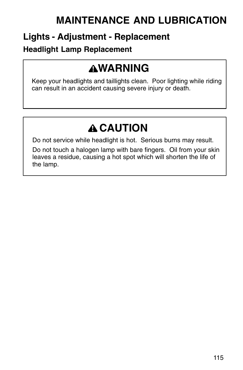 Warning caution, Maintenance and lubrication | Polaris Sprotsman 700 User Manual | Page 117 / 148