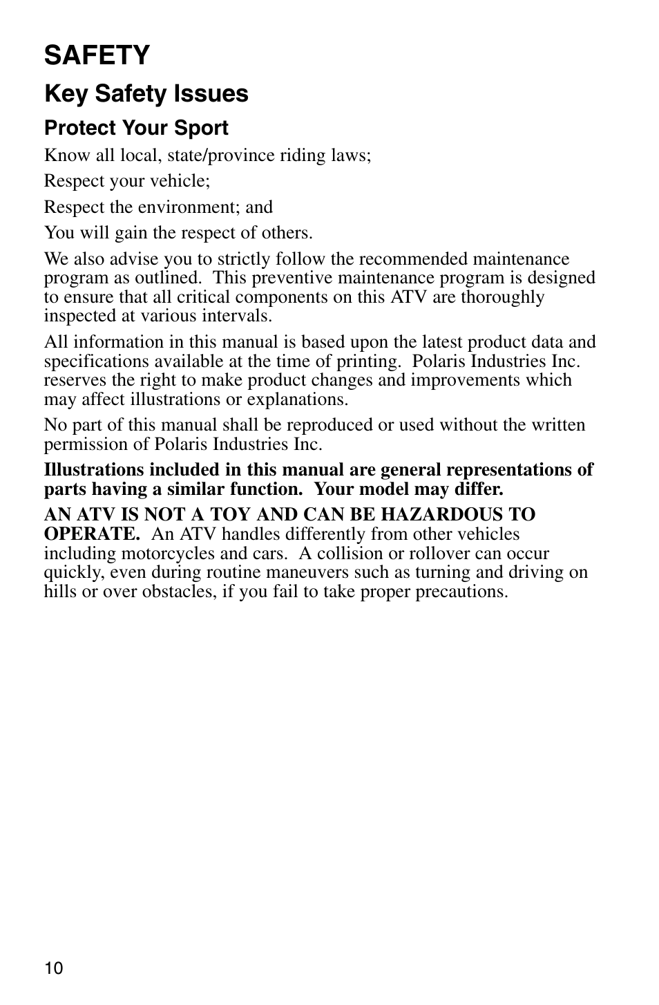 Safety, Key safety issues | Polaris Sprotsman 700 User Manual | Page 12 / 148