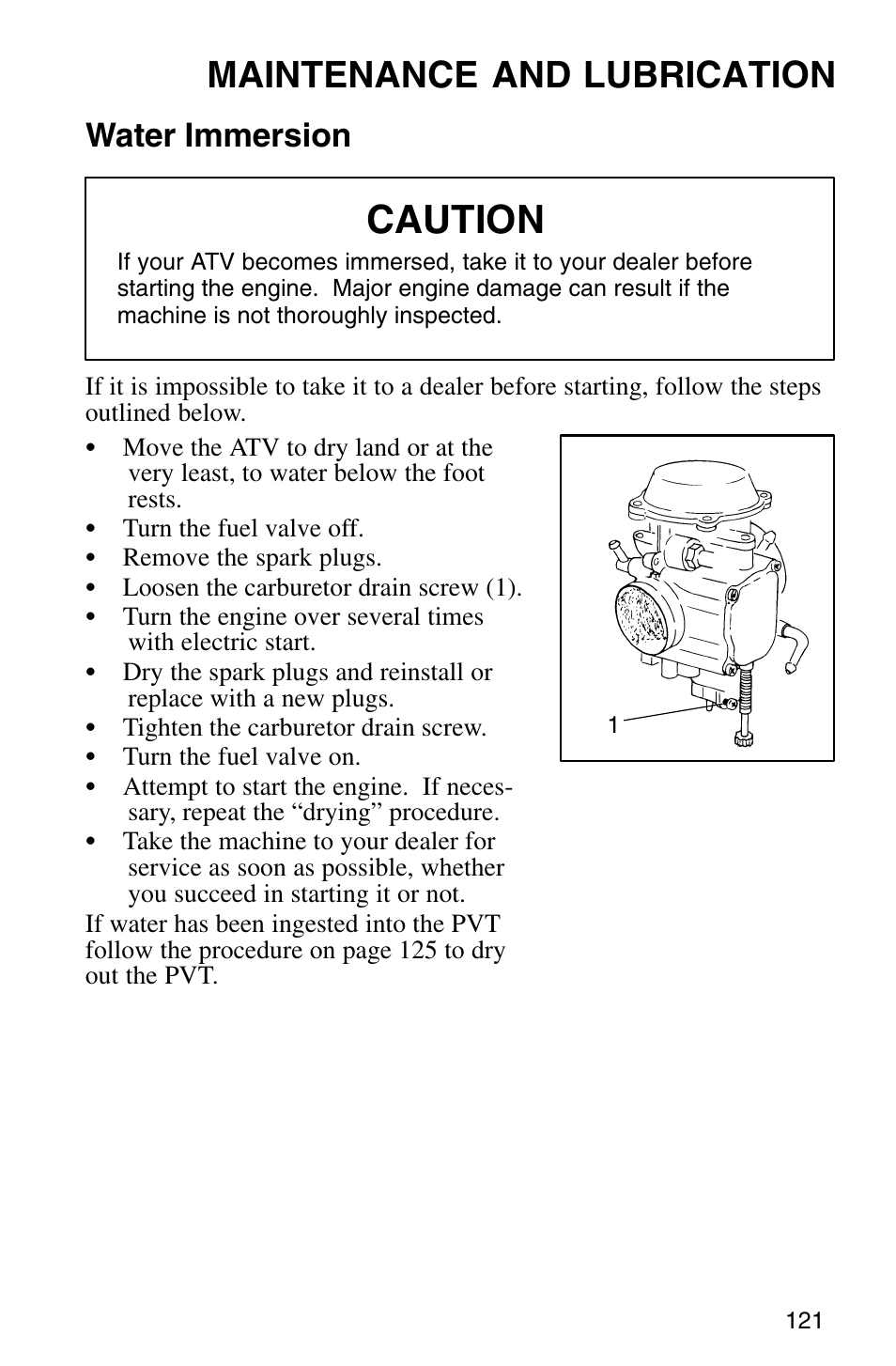 Caution, Maintenance and lubrication, Water immersion | Polaris Sprotsman 700 User Manual | Page 123 / 148