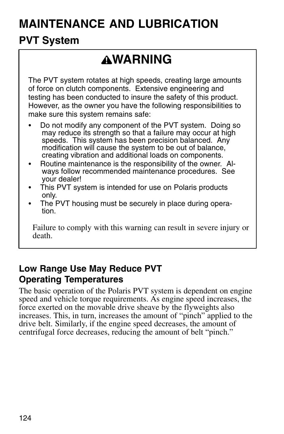 Warning, Maintenance and lubrication, Pvt system | Polaris Sprotsman 700 User Manual | Page 126 / 148