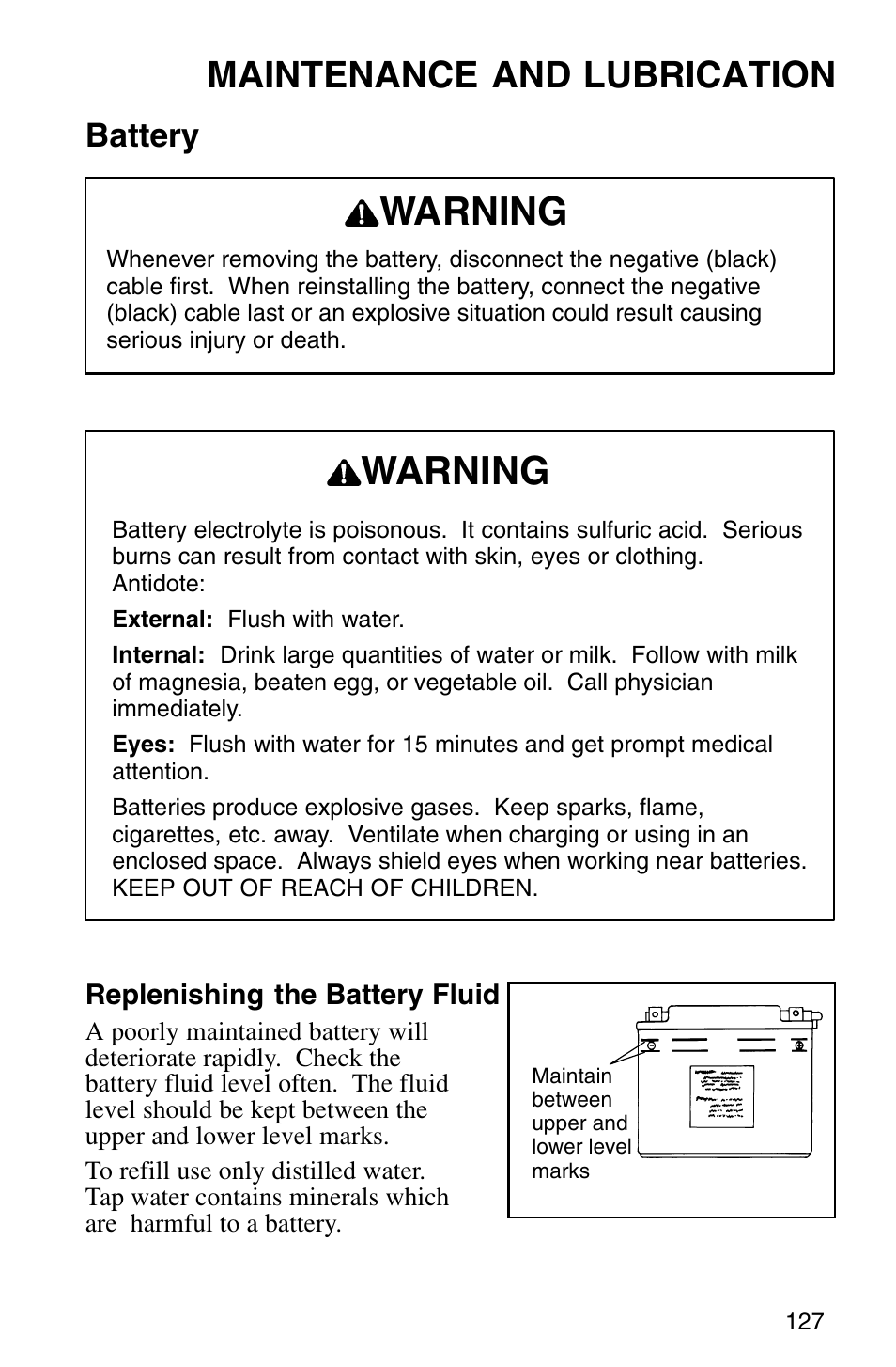 Warning, Maintenance and lubrication, Battery | Polaris Sprotsman 700 User Manual | Page 129 / 148