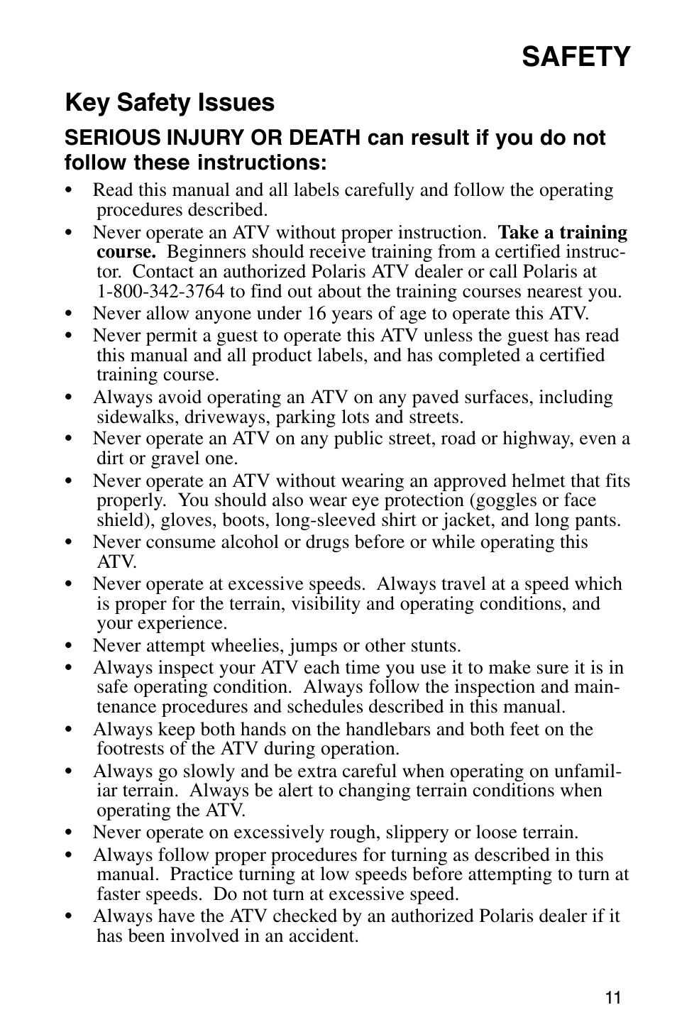 Safety, Key safety issues | Polaris Sprotsman 700 User Manual | Page 13 / 148